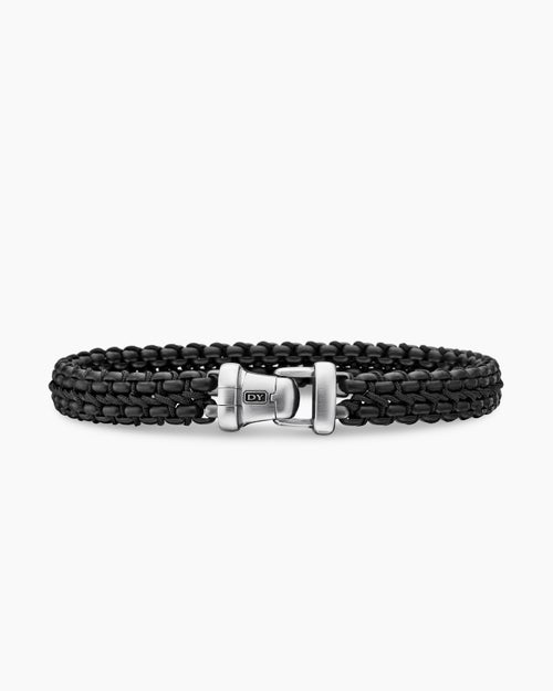 Mens Woven Box Chain Bracelet in Sterling Silver with Black Stainless Steel and Black Nylon, 10mm