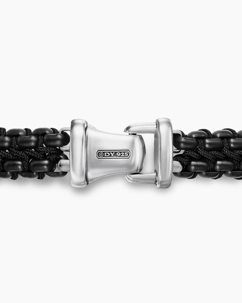 Mens Woven Box Chain Bracelet in Sterling Silver with Black Stainless Steel and Black Nylon, 10mm