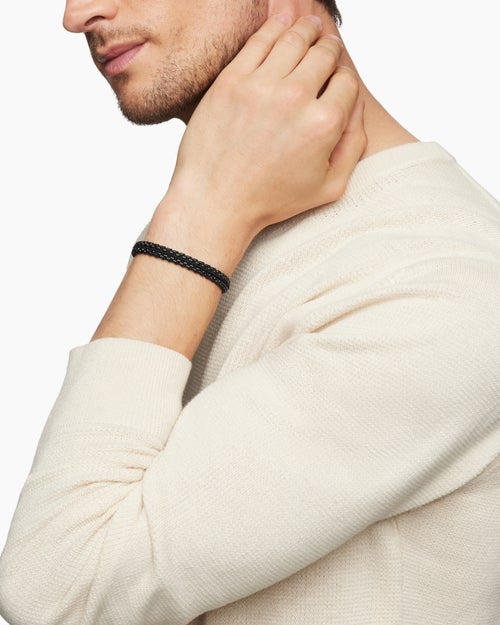 Mens Woven Box Chain Bracelet in Sterling Silver with Black Stainless Steel and Black Nylon, 10mm
