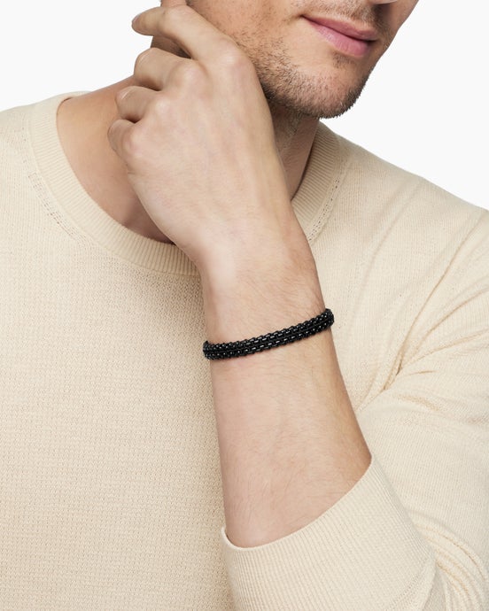 Woven Box Chain Bracelet in Sterling Silver with Black Stainless Steel and Black Nylon, 10mm