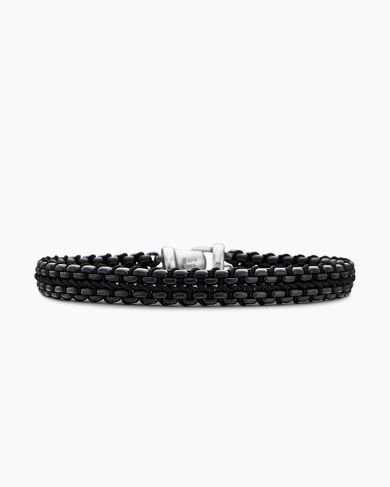 Woven Box Chain Bracelet in Sterling Silver with Black Stainless Steel and Black Nylon, 10mm