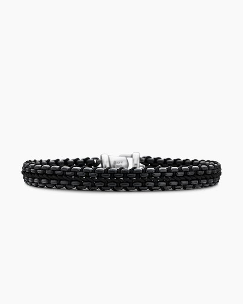 Mens Woven Box Chain Bracelet in Sterling Silver with Black Stainless Steel and Black Nylon, 10mm