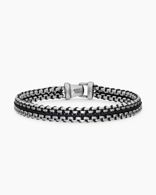 Mens Woven Box Chain Bracelet in Sterling Silver with Black Nylon, 10mm
