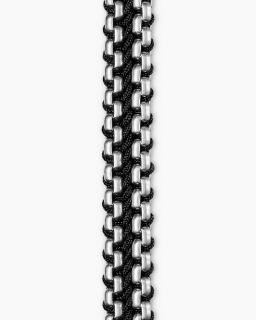 Mens Woven Box Chain Bracelet in Sterling Silver with Black Nylon, 10mm