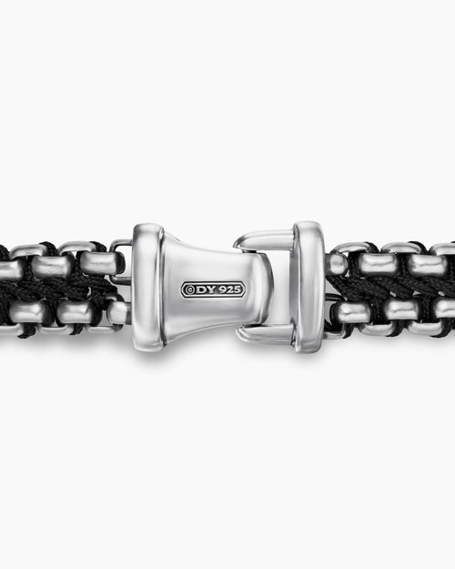 Mens Woven Box Chain Bracelet in Sterling Silver with Black Nylon, 10mm