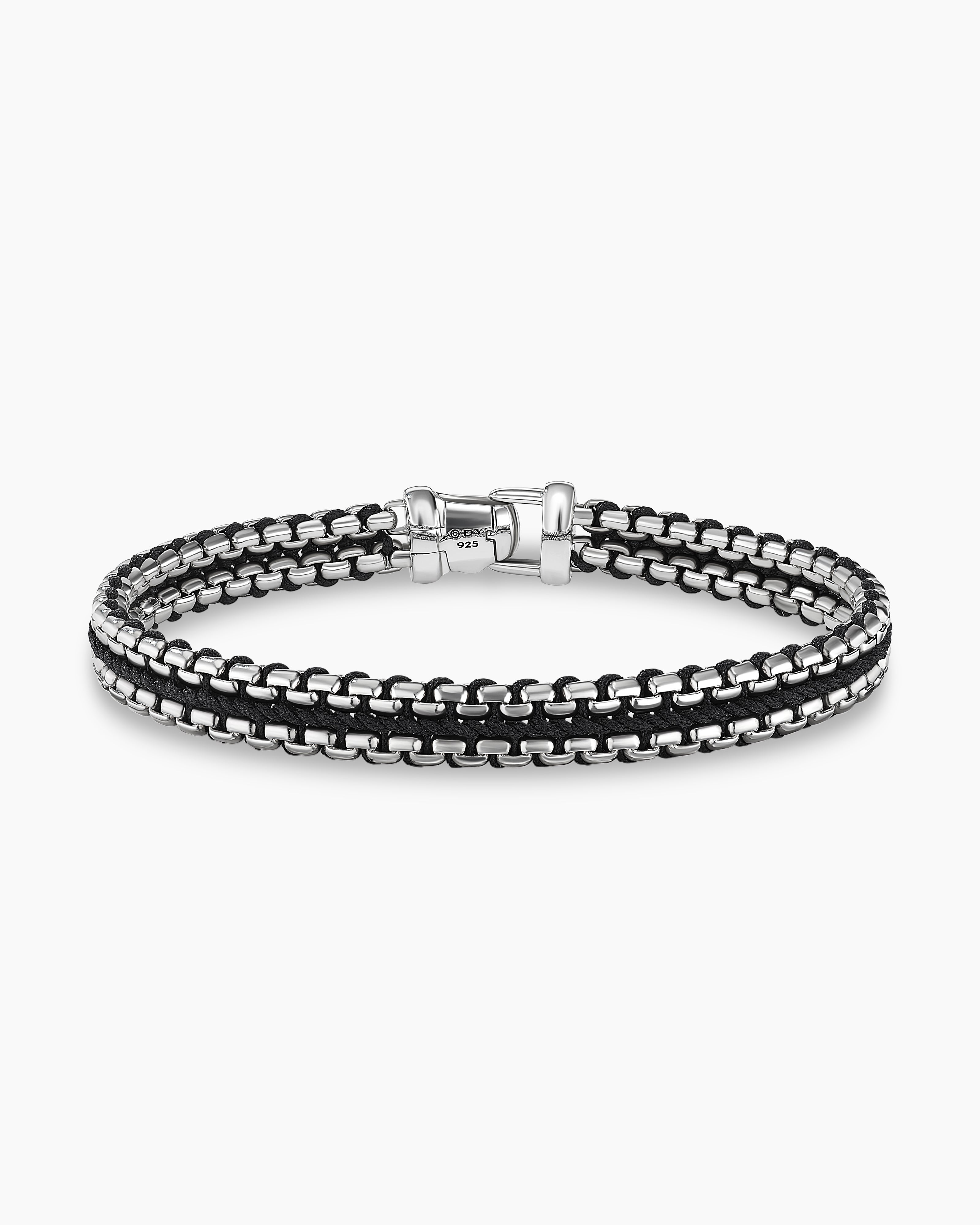 Woven Box Chain Bracelet in Sterling Silver with Black Nylon, 10mm