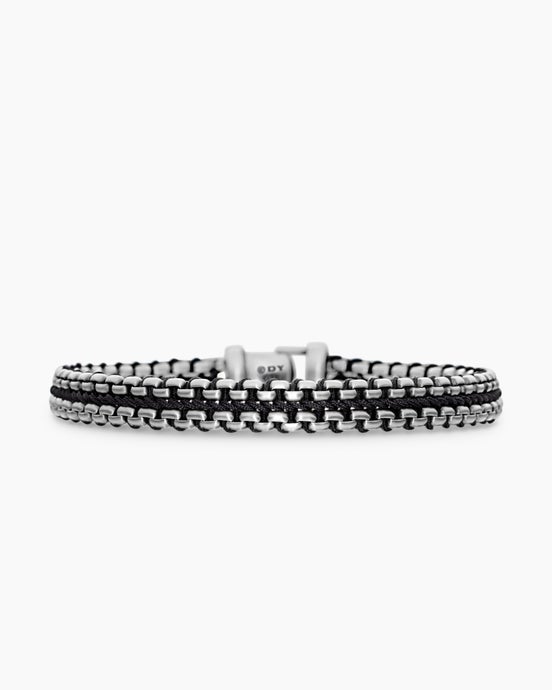 Woven Box Chain Bracelet in Sterling Silver with Black Nylon, 10mm