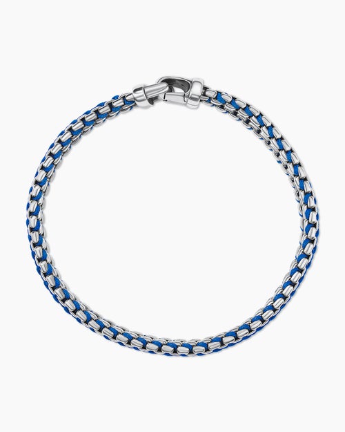 Mens Woven Box Chain Bracelet in Sterling Silver with Blue Nylon, 10mm
