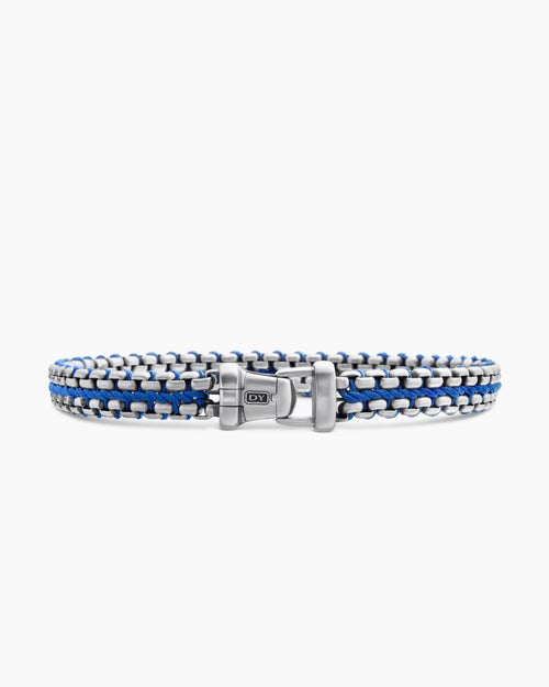Mens Woven Box Chain Bracelet in Sterling Silver with Blue Nylon, 10mm
