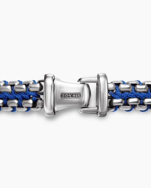 Mens Woven Box Chain Bracelet in Sterling Silver with Blue Nylon, 10mm