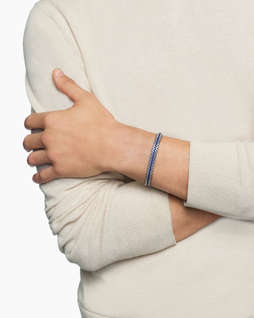 Mens Woven Box Chain Bracelet in Sterling Silver with Blue Nylon, 10mm