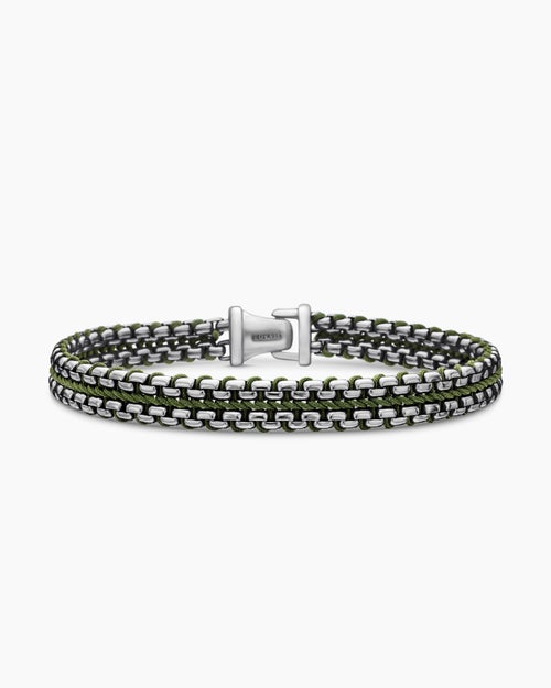Mens Woven Box Chain Bracelet in Sterling Silver with Green Nylon, 10mm