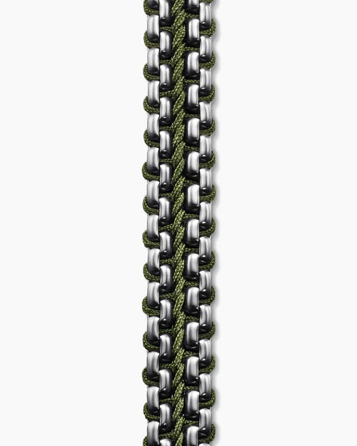 Mens Woven Box Chain Bracelet in Sterling Silver with Green Nylon, 10mm