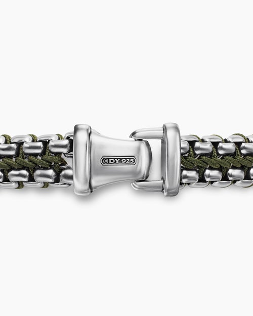 Mens Woven Box Chain Bracelet in Sterling Silver with Green Nylon, 10mm