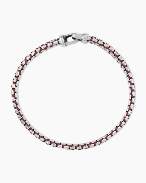 Mens Woven Box Chain Bracelet in Sterling Silver with Red Nylon, 10mm