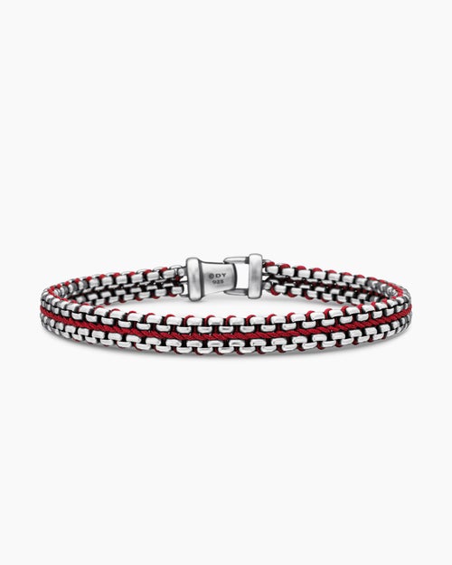 Mens Woven Box Chain Bracelet in Sterling Silver with Red Nylon, 10mm