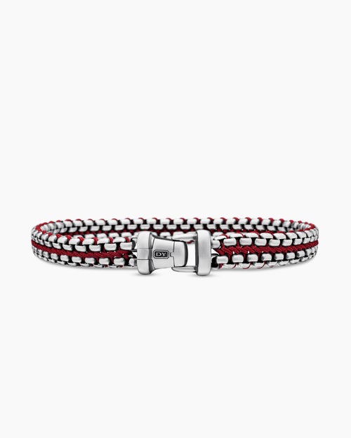 Mens Woven Box Chain Bracelet in Sterling Silver with Red Nylon, 10mm