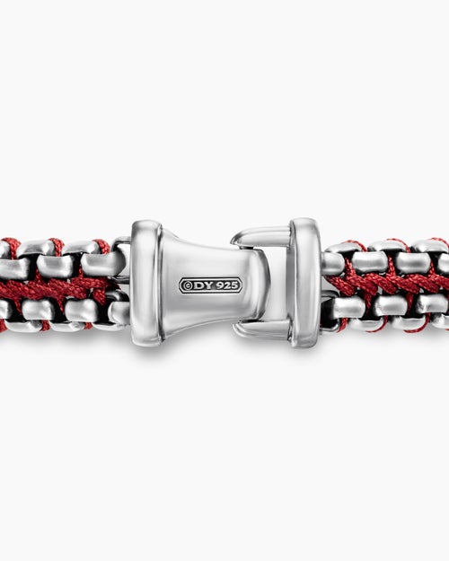 Mens Woven Box Chain Bracelet in Sterling Silver with Red Nylon, 10mm