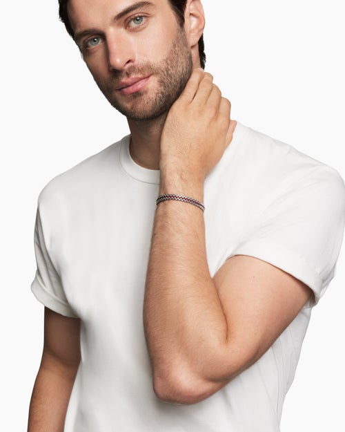 Mens Woven Box Chain Bracelet in Sterling Silver with Red Nylon, 10mm