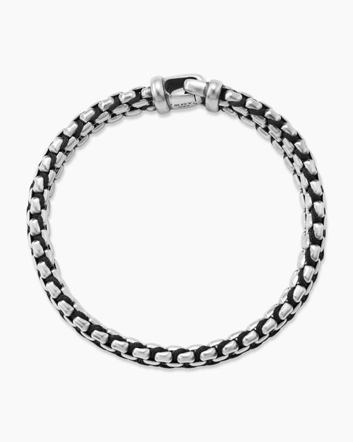 Mens Woven Box Chain Bracelet in Sterling Silver with Black Nylon, 12mm