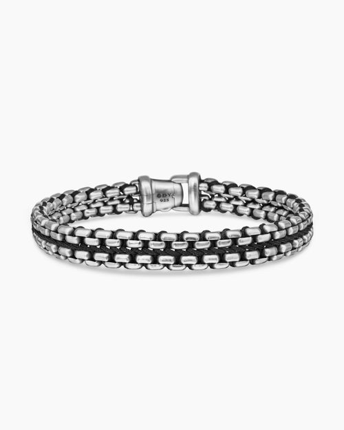 Mens Woven Box Chain Bracelet in Sterling Silver with Black Nylon, 12mm