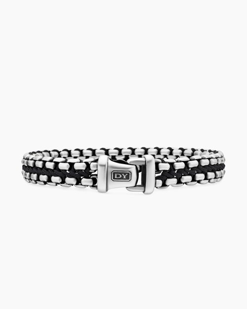 Mens Woven Box Chain Bracelet in Sterling Silver with Black Nylon, 12mm