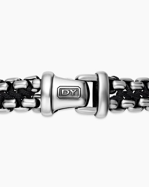 Mens Woven Box Chain Bracelet in Sterling Silver with Black Nylon, 12mm