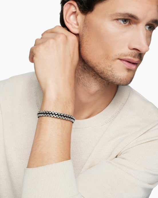 Woven Box Chain Bracelet in Sterling Silver with Black Nylon, 12mm