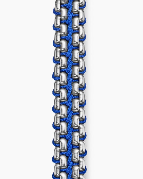 Mens Woven Box Chain Bracelet in Sterling Silver with Blue Nylon, 12mm