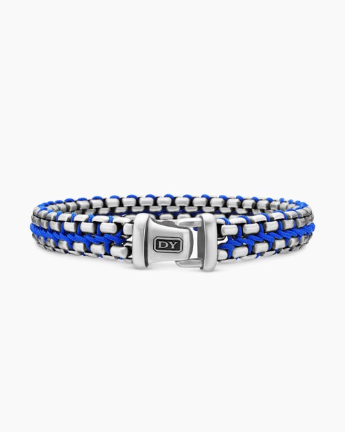 Mens Woven Box Chain Bracelet in Sterling Silver with Blue Nylon, 12mm