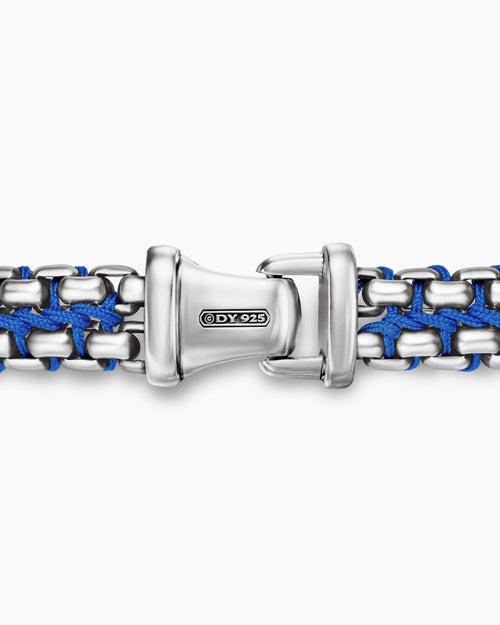 Mens Woven Box Chain Bracelet in Sterling Silver with Blue Nylon, 12mm