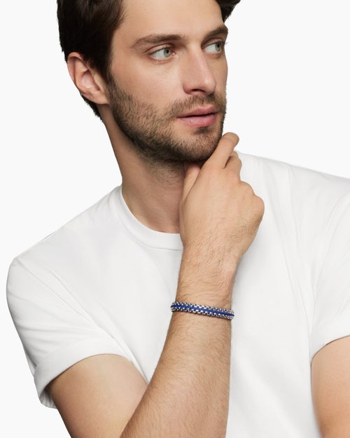 Mens Woven Box Chain Bracelet in Sterling Silver with Blue Nylon, 12mm