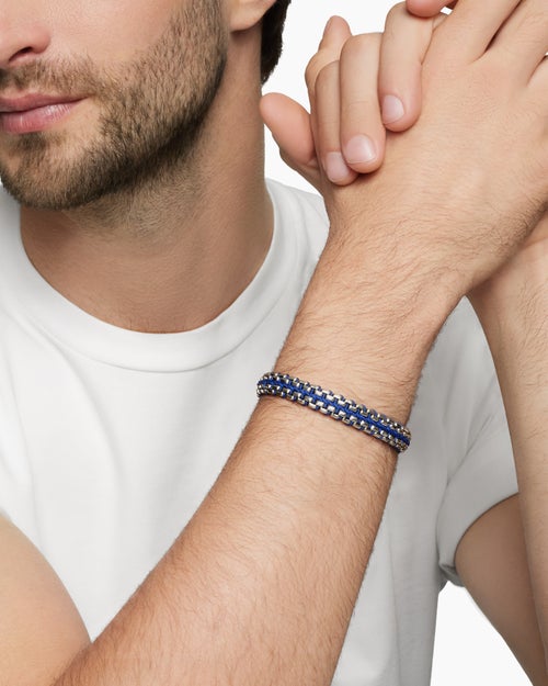 Mens Woven Box Chain Bracelet in Sterling Silver with Blue Nylon, 12mm