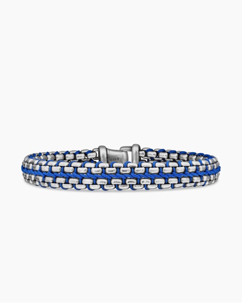 Mens Woven Box Chain Bracelet in Sterling Silver with Blue Nylon, 12mm