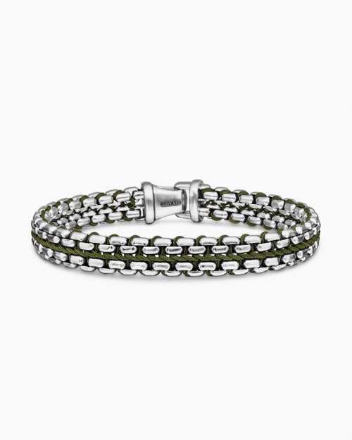 Mens Woven Box Chain Bracelet in Sterling Silver with Green Nylon, 12mm