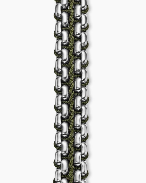 Mens Woven Box Chain Bracelet in Sterling Silver with Green Nylon, 12mm