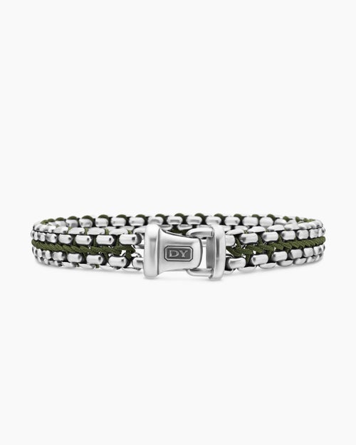 Mens Woven Box Chain Bracelet in Sterling Silver with Green Nylon, 12mm