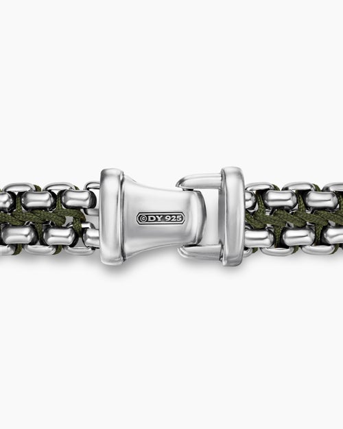 Mens Woven Box Chain Bracelet in Sterling Silver with Green Nylon, 12mm