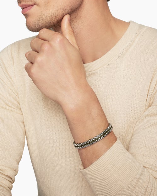 Mens Woven Box Chain Bracelet in Sterling Silver with Green Nylon, 12mm