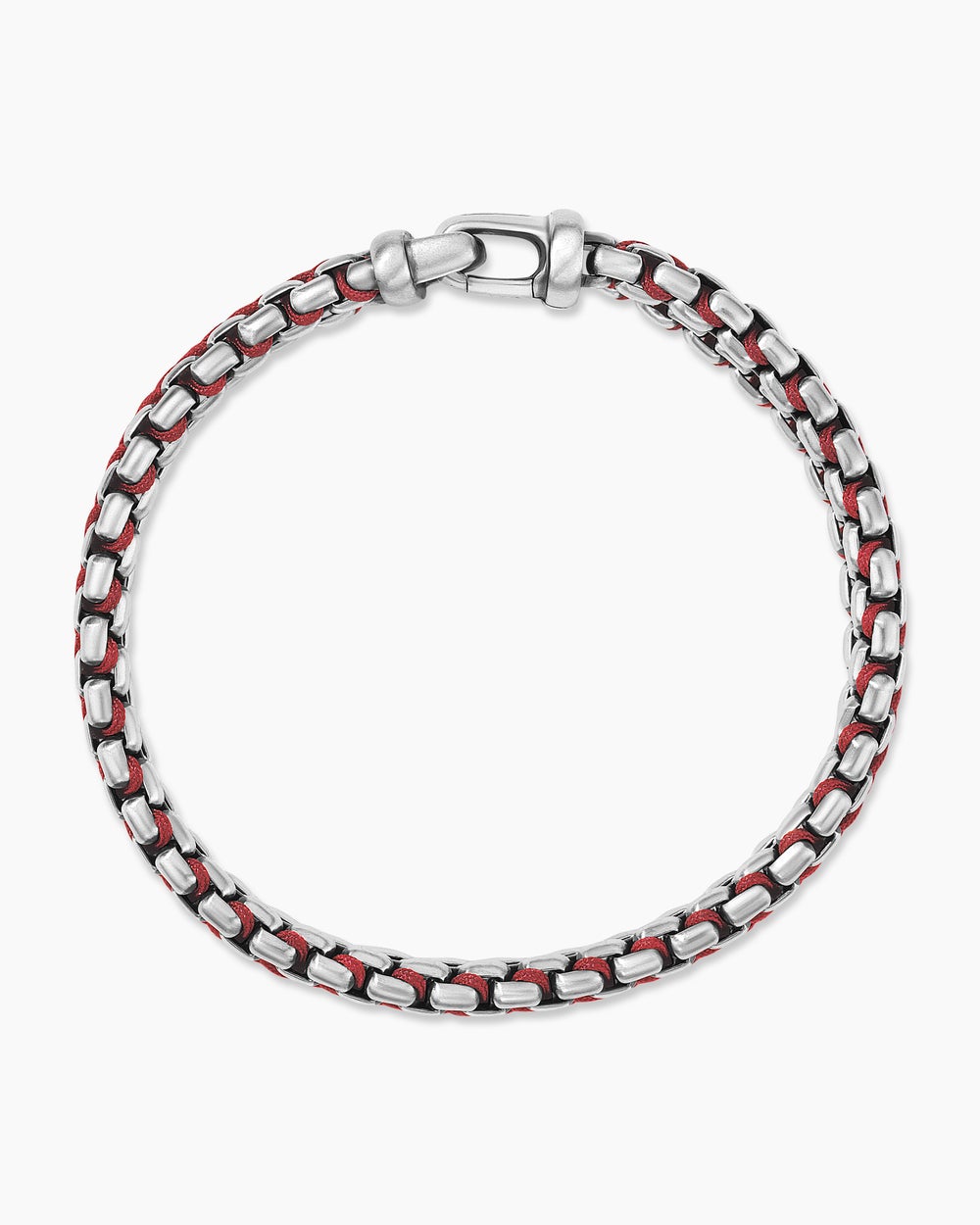 Mens Woven Box Chain Bracelet in Sterling Silver with Red Nylon, 12mm