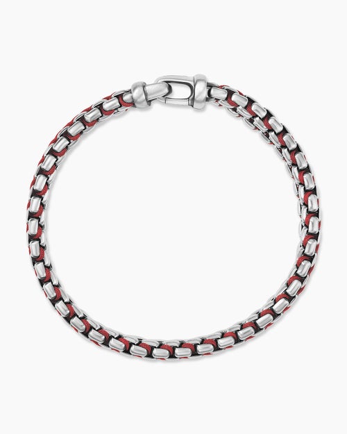 Mens Woven Box Chain Bracelet in Sterling Silver with Red Nylon, 12mm