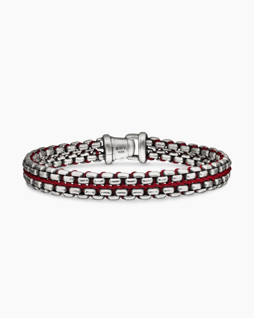 Mens Woven Box Chain Bracelet in Sterling Silver with Red Nylon, 12mm