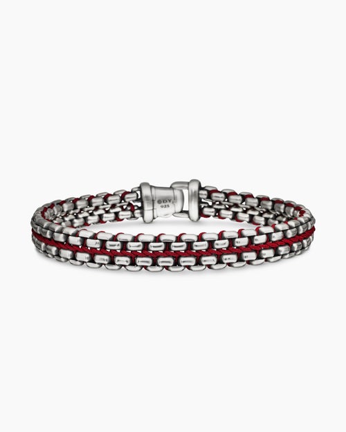 Mens Woven Box Chain Bracelet in Sterling Silver with Red Nylon, 12mm