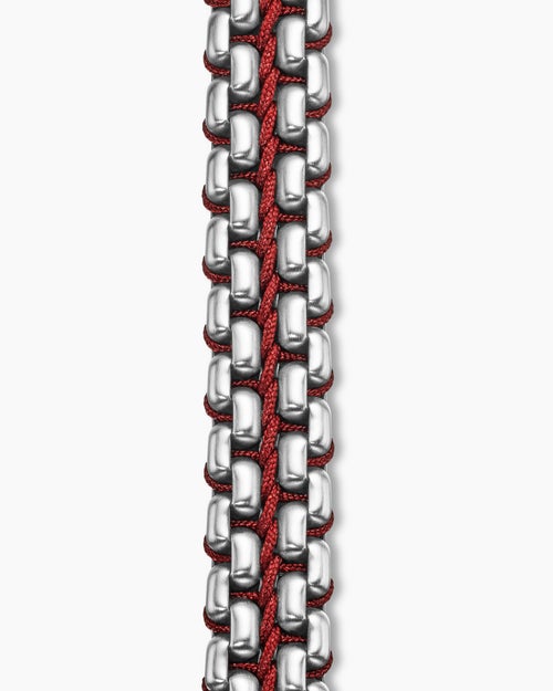 Mens Woven Box Chain Bracelet in Sterling Silver with Red Nylon, 12mm