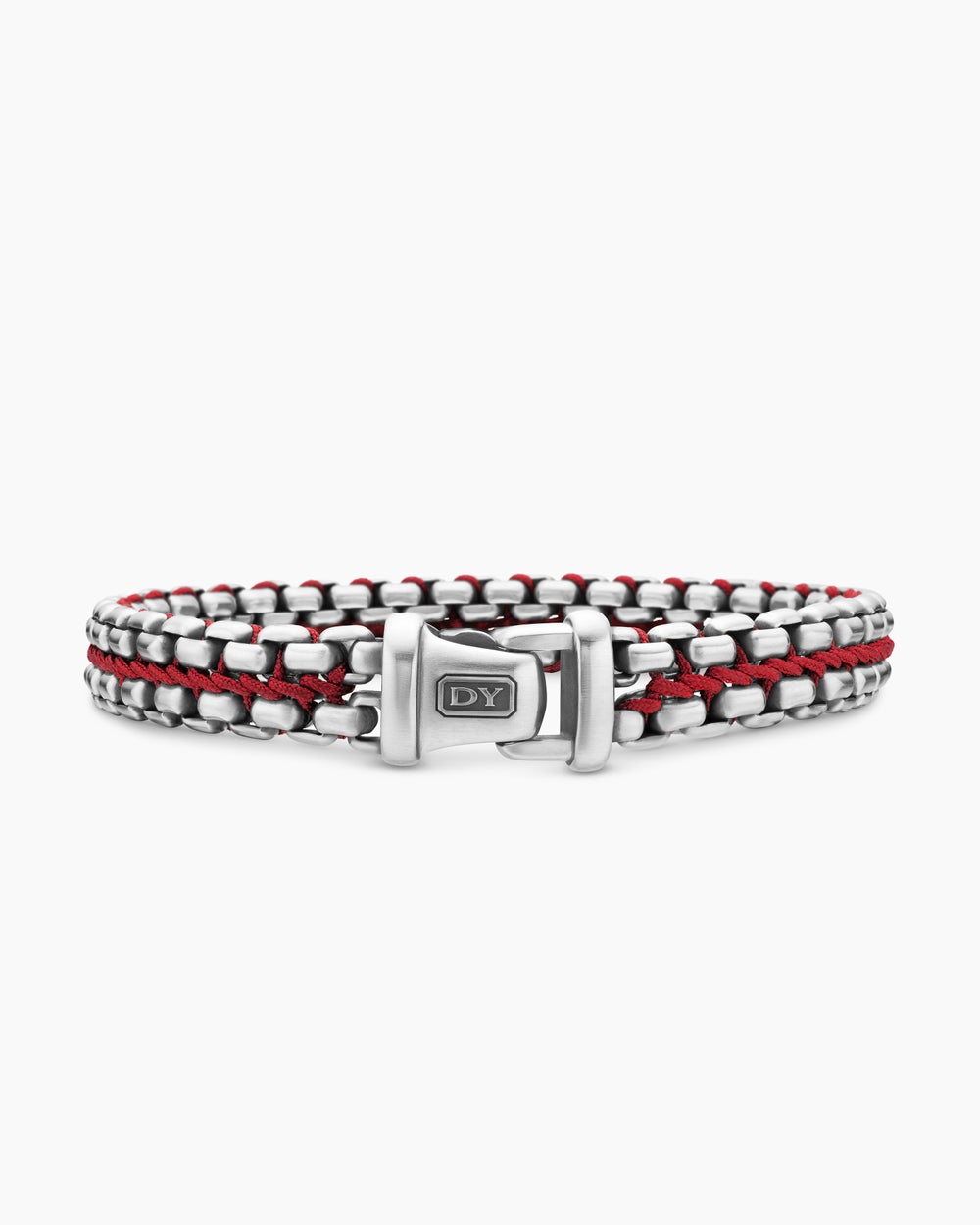 Mens Woven Box Chain Bracelet in Sterling Silver with Red Nylon, 12mm