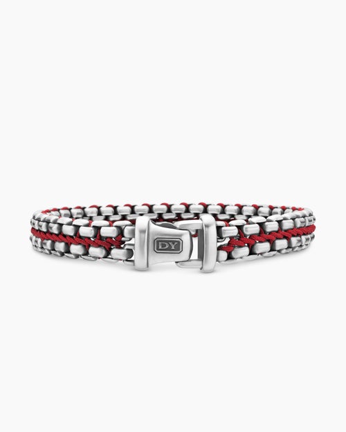 Mens Woven Box Chain Bracelet in Sterling Silver with Red Nylon, 12mm