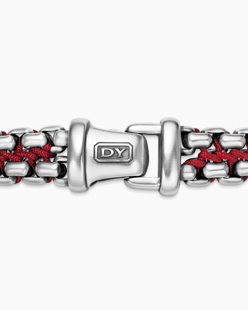 Mens Woven Box Chain Bracelet in Sterling Silver with Red Nylon, 12mm
