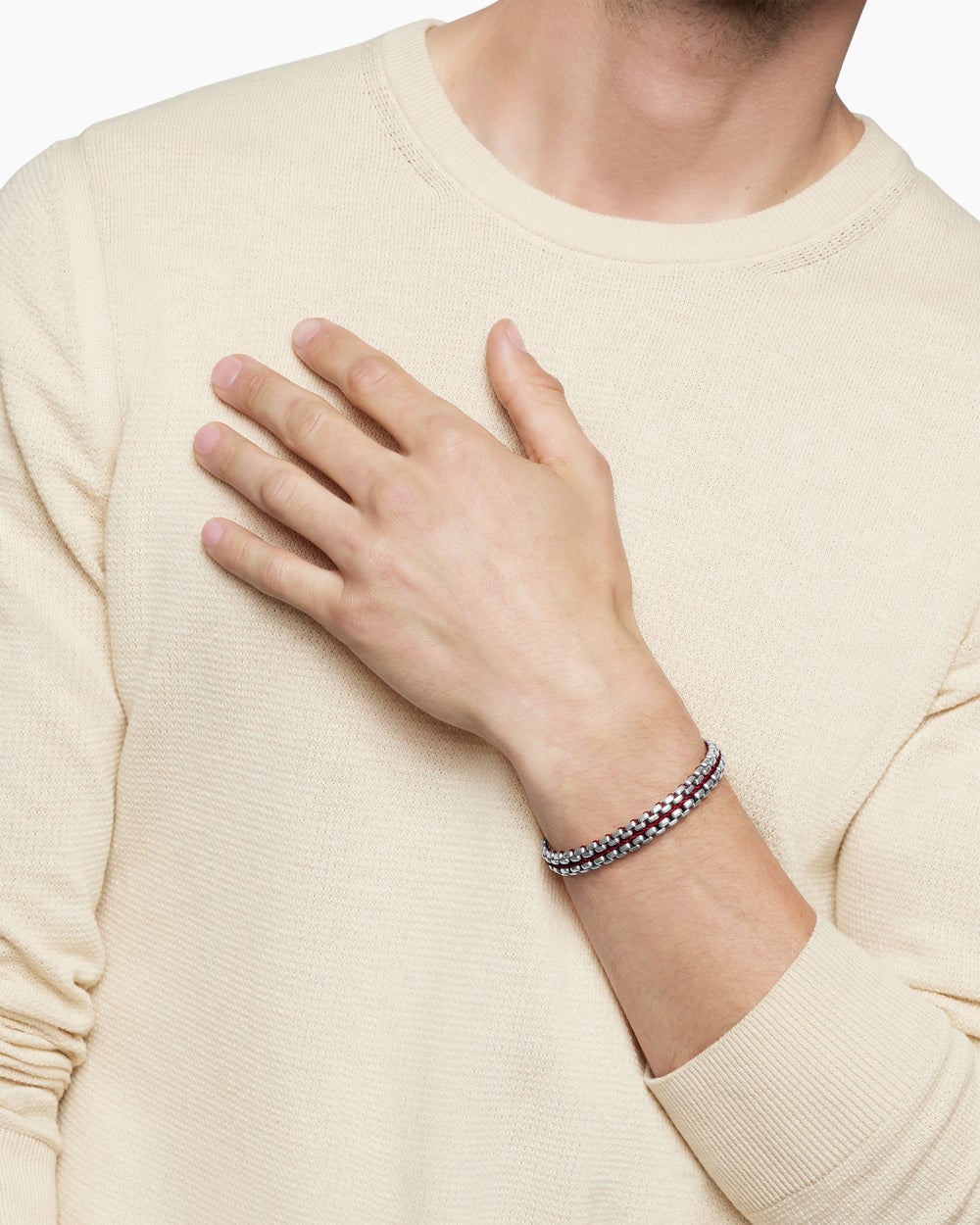 Mens Woven Box Chain Bracelet in Sterling Silver with Red Nylon, 12mm