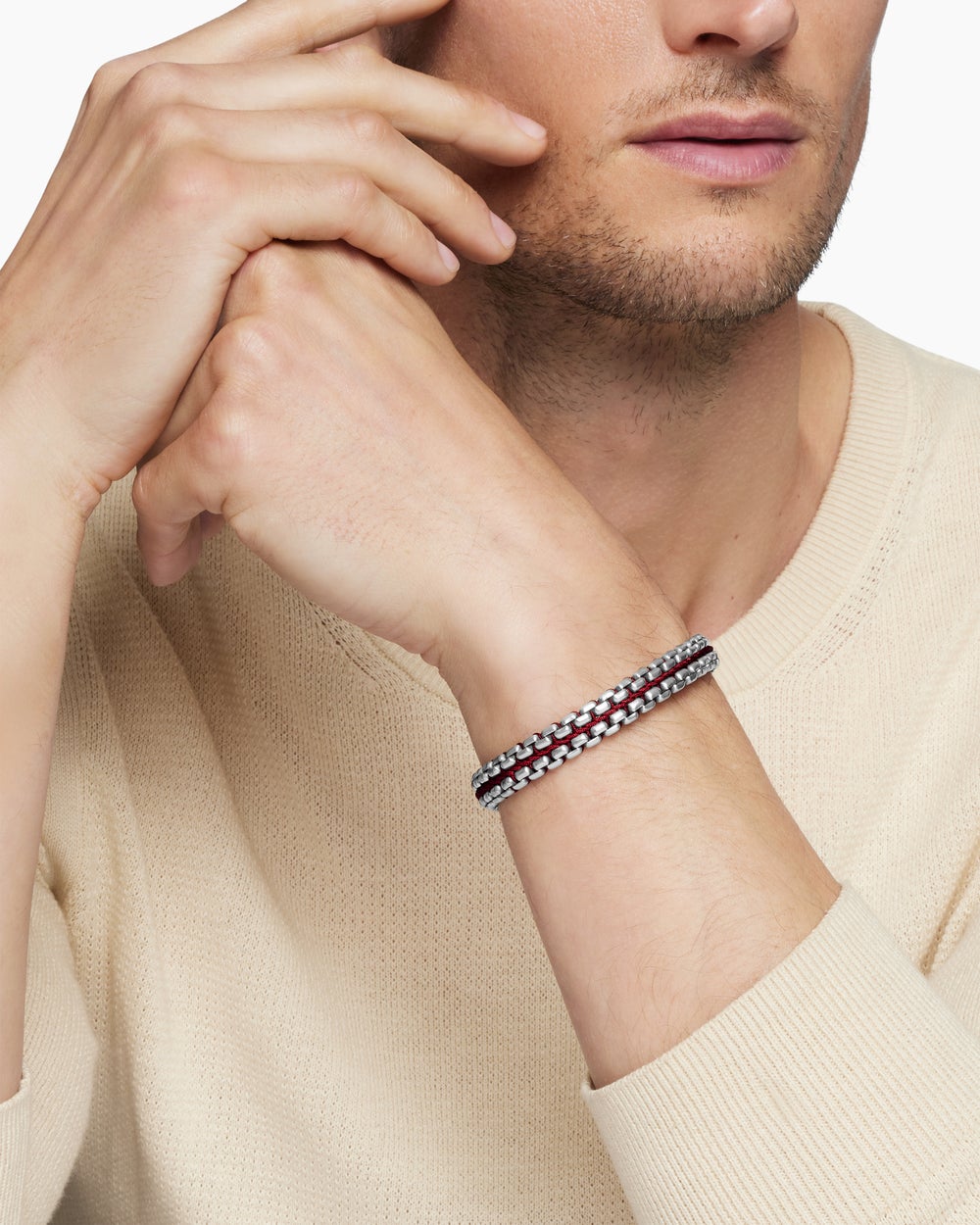 Mens Woven Box Chain Bracelet in Sterling Silver with Red Nylon, 12mm