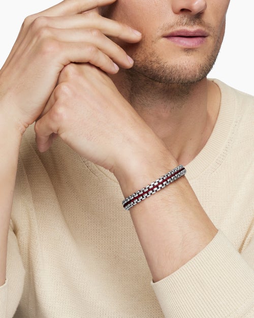 Mens Woven Box Chain Bracelet in Sterling Silver with Red Nylon, 12mm